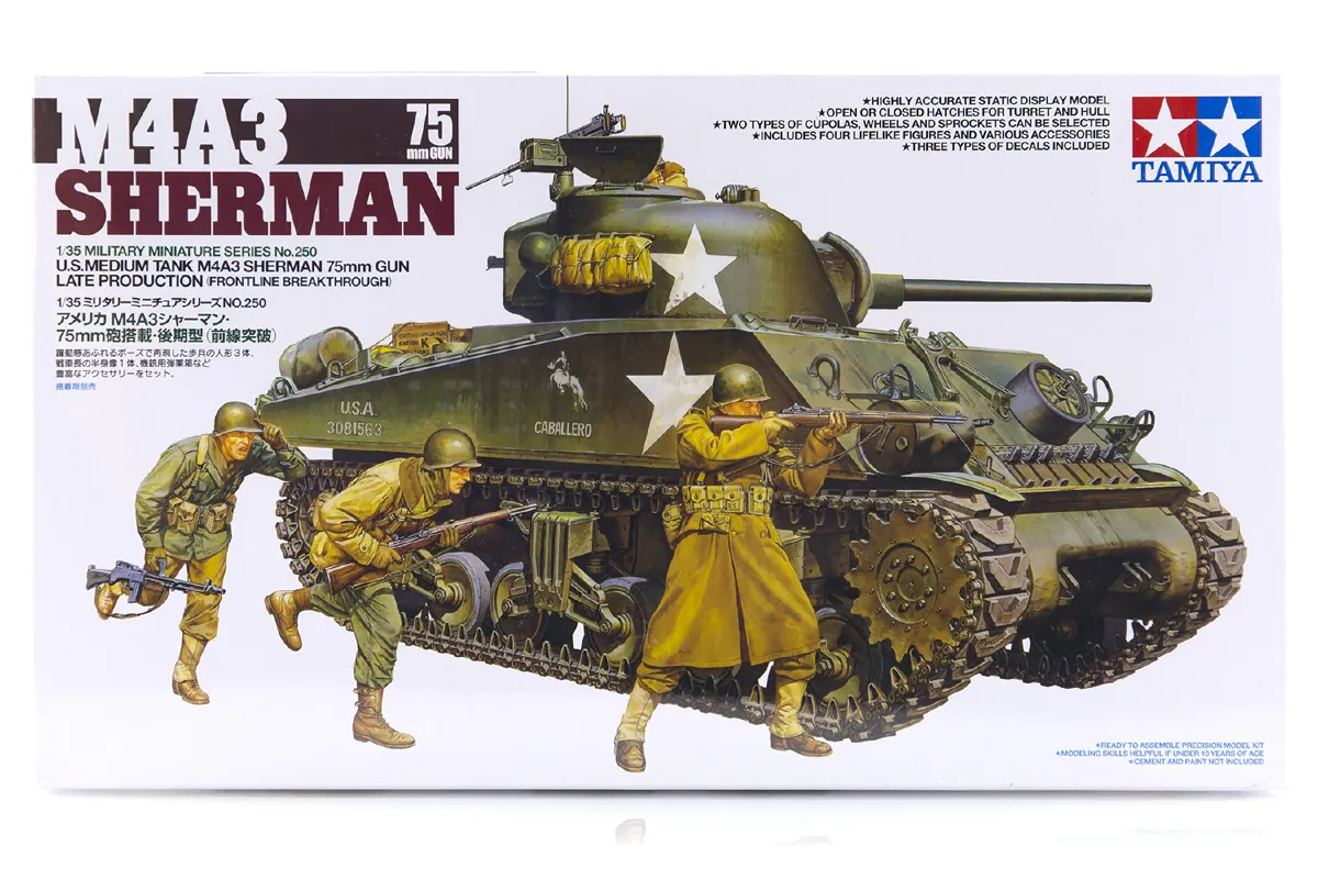 Tamiya 1/35 U.S. M4A3 Sherman Tank Scaled Plastic Model Kit | 35250