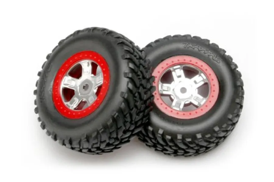Traxxas 1.5 1.9 1 16 Slash Off Road Tyres on Satin Chrome Red Rims Glued Wheels 2Pcs