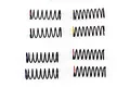 A set of eight black metal RC shock springs arranged in two columns on a white background, each featuring a small color-coded mark on one end.