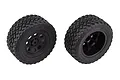 Two Team Associated 2.2-inch RC truck wheels with black rims and knobby off-road rubber tyres, shown from front and rear angles.