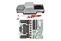 Element RC Utron 1/10 scale grey painted crawler body shell with included decal sheets, bumpers, and small plastic accessories on a white background.