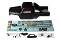 Element RC Enduro Ecto black painted RC body shell with a decal sheet and various plastic accessories including a bumper and mirrors.