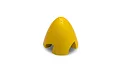 A bright yellow foam RC airplane spinner with cutouts for propeller blades, isolated on a white background.