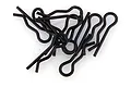 A pile of ten black metal R-clips or body pins for RC vehicles against a white background.