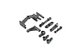 A collection of black plastic RC car steering and servo mount components from Losi, arranged on a white background.