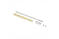 A Pro Boat RC boat drive shaft set including a metal shaft, brass stuffing tube, aluminum coupler, and two small grub screws on a white background.