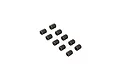 A set of ten small black metal grub screws with hexagonal drive sockets arranged in a grid pattern against a white background.