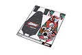 A sheet of precut Losi chassis protective tape for Mini-T RC cars, featuring one black branded piece and one colorful graphic piece with skull motifs.