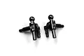 Two black anodized aluminium Yeah Racing steering knuckles with ball studs, viewed from above against a white background.