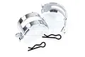Two chrome metal exhaust pipe couplers and two black R-clips for RC engines on a white background.