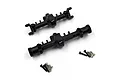 Two black aluminium RC axle housings with Yeah Racing logo and included mounting screws on a white background.