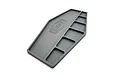 A grey silicone parts tray by Reefs RC with a shield-shaped design and multiple compartments for organizing small hardware.