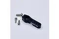 A black anodized aluminium Reefs RC 25T servo horn with three included silver metal mounting screws on a plain white background.
