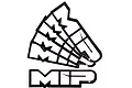 A set of six white and black MIP brand logo stickers arranged in a fan shape on a white background.