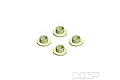Four small, light-colored plastic flanged washers or bushings arranged in a diamond pattern on a white background.