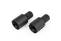 Two black steel differential outdrive cups for Traxxas RC vehicles, shown from a high angle on a white background.