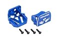 Two blue anodized aluminium Traxxas motor mounts with four black mounting screws on a white background.