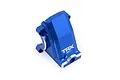A blue anodized aluminium differential housing for Traxxas RC vehicles, featuring the TRX logo engraved on the side.