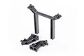 Black plastic RC body mount components including a tall U-shaped post and two angled mounting brackets on a white background.