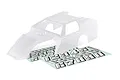 A clear, unpainted Traxxas Slash Modified RC body shell shown with included number decal sheets on a white background.