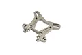 A gunmetal grey aluminium front shock tower for an RC car, featuring multiple mounting holes and a machined design.