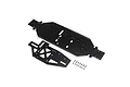 Losi 4mm black aluminum RC chassis plate with a matching brace plate and a set of small mounting screws on a white background.