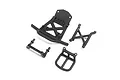 A set of black plastic RC car parts including a front bumper, body mount, and chassis braces on a white background.