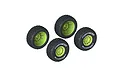 Four ARRMA dBoots Fortress RC car wheels with black knobby tires and bright yellow multi-spoke rims, arranged on a white background.