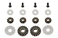Team Associated differential rebuild kit components including screws, washers, and bevel gears arranged on a white background.