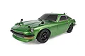 A green Team Associated SR27 Datsun 240Z RC car on a white background, showing a detailed scale model with black wheels and fender mirrors.