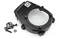 A black Rovan flywheel cover for an RC engine, shown with a set of included mounting screws and washers on a white background.