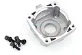 A silver metal RC engine clutch housing with four included mounting screws on a white background.