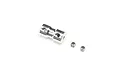 A silver metal motor coupler for an RC boat with two small grub screws placed next to it on a white background.