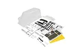 Unpainted clear Kyosho Mad Van VE RC body shell with included plastic parts, chrome accessories, and decal sheets on a white background.