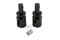 Two black steel differential cups and two small metal pins for RC cars, isolated on a white background.