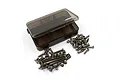 A Yeah Racing titanium screw kit for Kyosho Turbo Optima, featuring a translucent black plastic storage box and numerous metal screws on a white background.