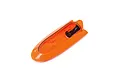 Top-down view of an orange Pro Boat 12-inch Jet Jam RC boat hull showing the interior cavity and jet drive mount.