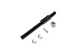 Axial rear output shaft and spacer set including a metal shaft, spacer, pin, and two C-clips on a white background.