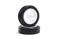 Two Losi RC front rib tires mounted on white five-spoke plastic wheels, stacked against a plain white background.