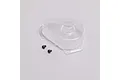 A clear plastic gear cover for a Losi RC vehicle, accompanied by two small black hex screws, set against a plain light grey background.