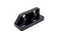A black anodized aluminium motor mount adapter for RC cars, featuring two countersunk holes and two slotted mounting holes.