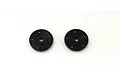 Two black circular RC shock pistons with five small holes each, viewed from above on a white background.