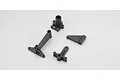 A set of four black plastic RC spare parts from Kyosho, including a steering knuckle, suspension arm, and other structural components on a white background.