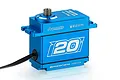 A blue anodized aluminium Power HD WH-20KG waterproof RC servo with a steel output gear, featuring large '20' branding on the side.