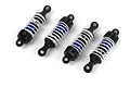 A set of four blue and black aluminium RC shock absorbers with white springs arranged diagonally on a white background.