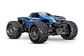 A blue and black Traxxas Mini Maxx RC monster truck with large off-road tires, shown from a front three-quarter angle against a white background.