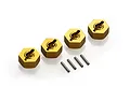 Four gold-coloured aluminium 14mm wheel hex adapters and four small metal drive pins for RC cars.