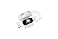 Kyosho Mini-Z Mitsubishi Lancer X unpainted body shell kit including white plastic body, black chassis parts, and four white wheels on a white background.