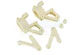 A set of white nylon RC front steering hubs and suspension components on a white background.