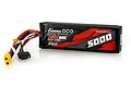 Gens Ace G-Tech 7.4V 5000mAh 60C LiPo battery with a black soft case and red accents, featuring an XT60 connector and a balance lead.